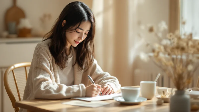 30代前半の日本人女性が朝の明るいダイニングテーブルでノートに体調を書き留め、白湯の入ったマグカップを横に置いている様子