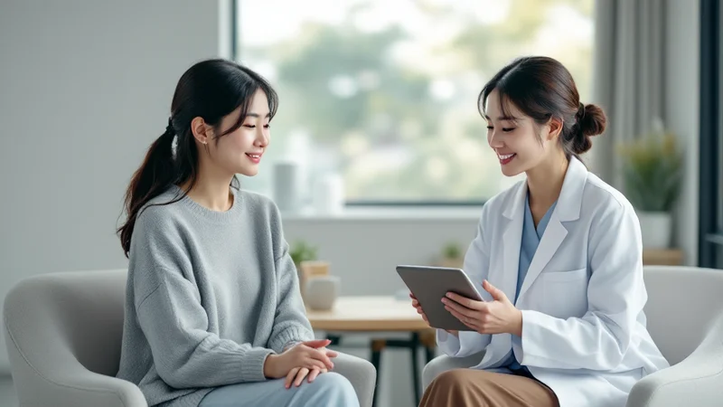 普段着のグレーのニットを着た30代前半の日本人女性が、明るい診察室で白衣を着た女性医師と向かい合って座り、お腹の症状を相談している様子