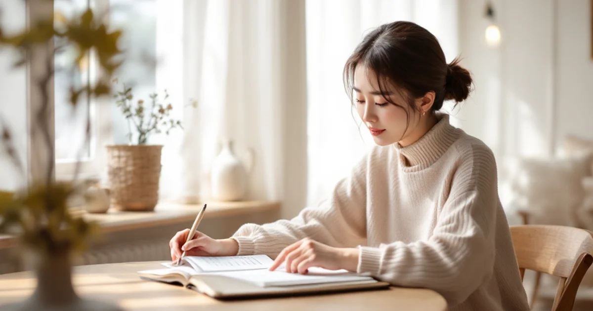 ノートに書き込みながら体の変化を静かに記録する日本人女性、やわらかな自然光が差し込む落ち着いた部屋