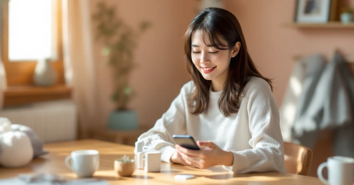 自宅のダイニングでスマートフォンのカレンダーを確認しながら基礎体温計を手元に置いている20代後半の日本人女性