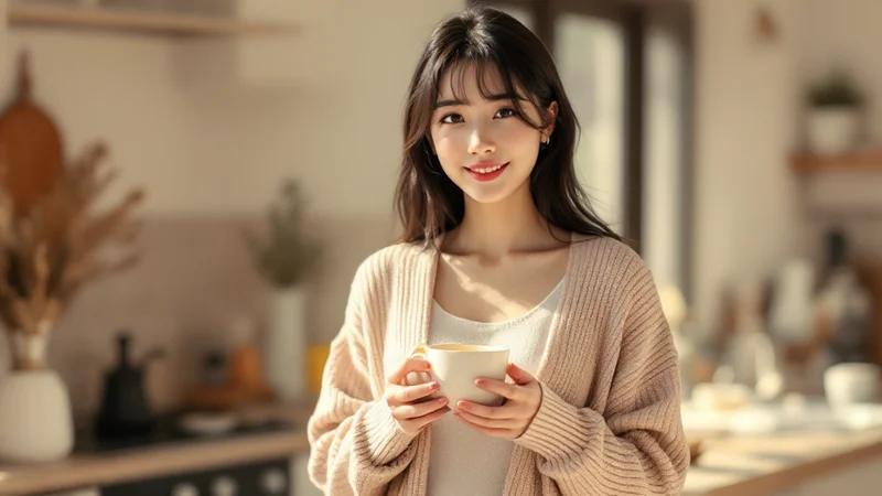 キッチンで温かい飲み物を手に、体を冷やさないよう心がけている20代後半の日本人女性