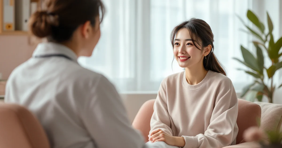 明るい診察室で医師と向き合い、笑顔で話す20代後半から30代前半の日本人女性。妊活・不妊相談のシーン