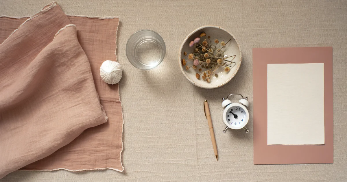 手帳とハーブティーが置かれたデスク。生理不順の改善に向けた体調管理のイメージ