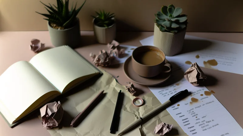 散らかったデスクとコーヒーカップ。忙しい生活と体調管理のイメージ