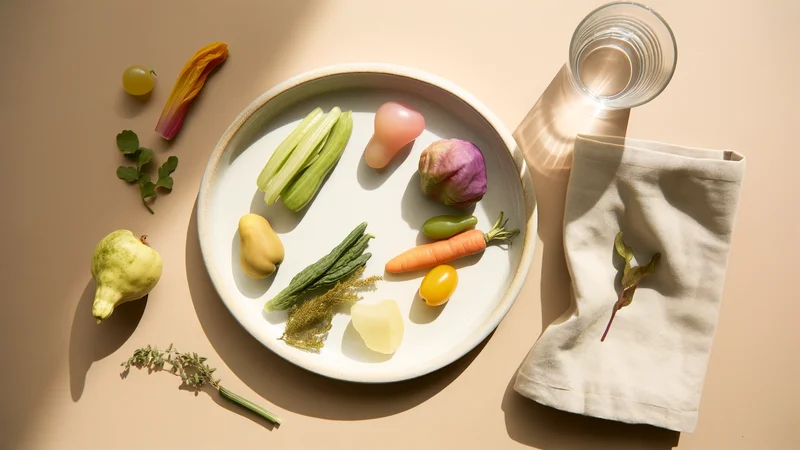 野菜と果物が並んだ食卓。栄養バランスと体の健康のイメージ