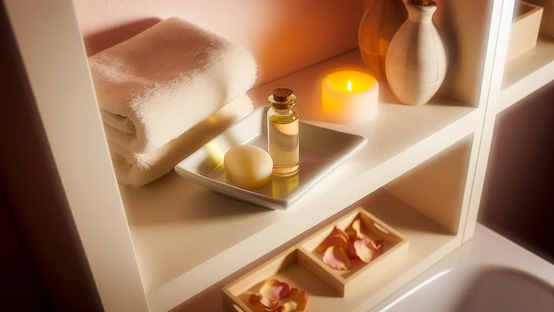 バスルームに置かれたキャンドルとバスオイル。リラックスしたセルフケアのイメージ