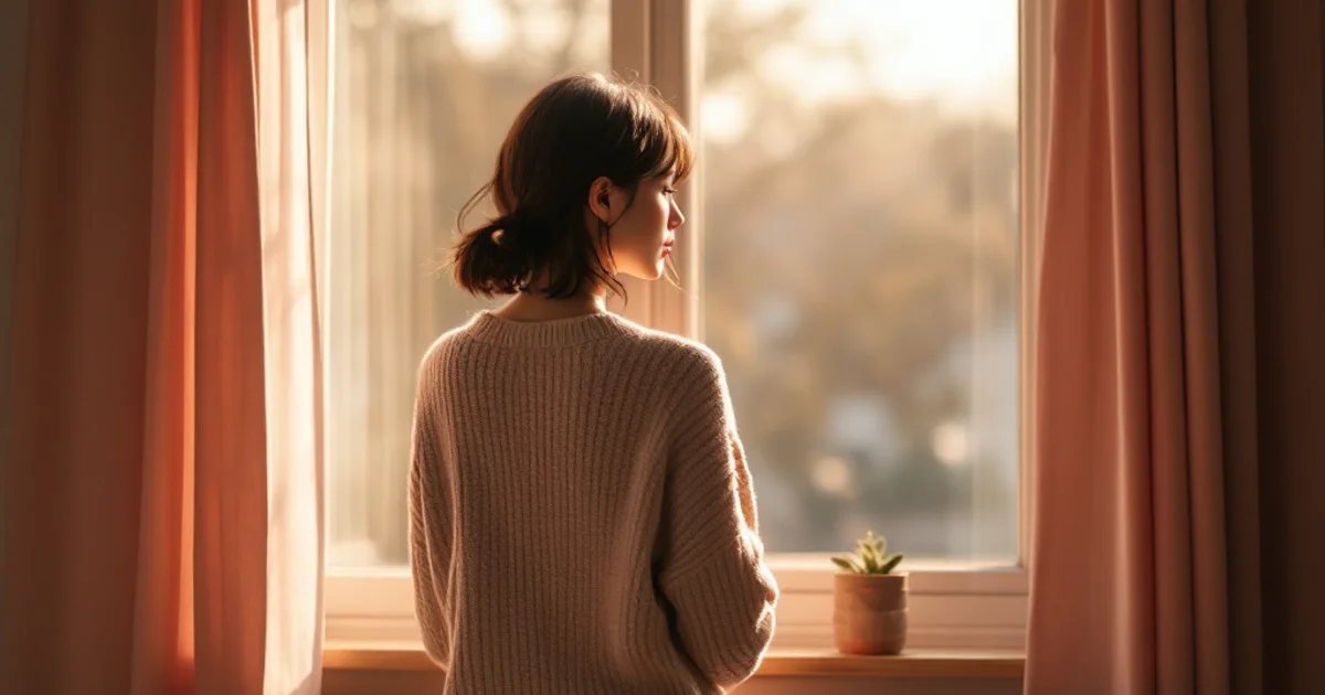 やわらかな自然光が差し込む静かな寝室で窓辺に佇む20代後半〜30代の日本人女性の後ろ姿。自分の体と向き合う穏やかなシーン