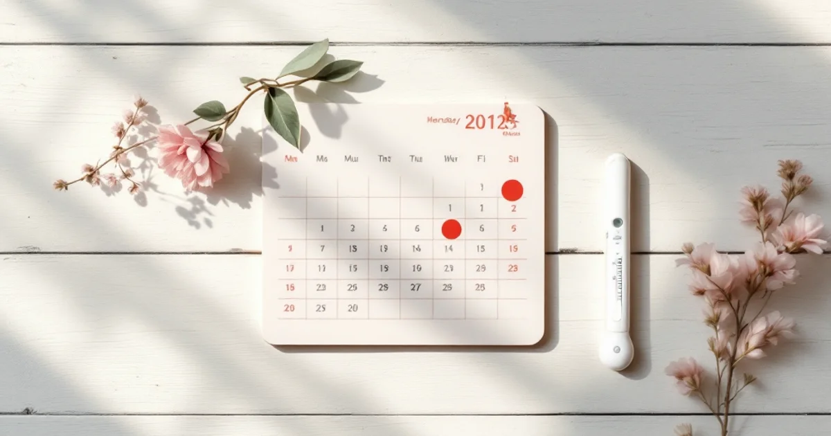 月間カレンダー・基礎体温計・ペン・ドライフラワーを白い木製テーブルに並べたフラットレイ。くすみローズとクリームのトーン