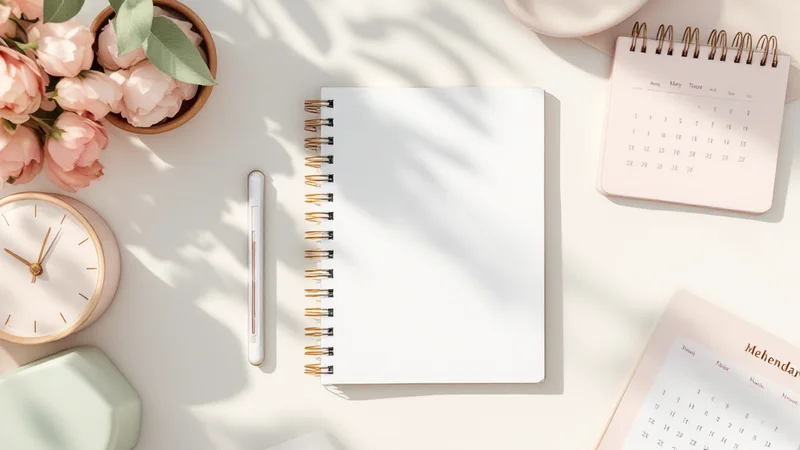 スパイラルノート・基礎体温計・パステルカラーの月間カレンダーをクリーム色の台に並べたフラットレイ