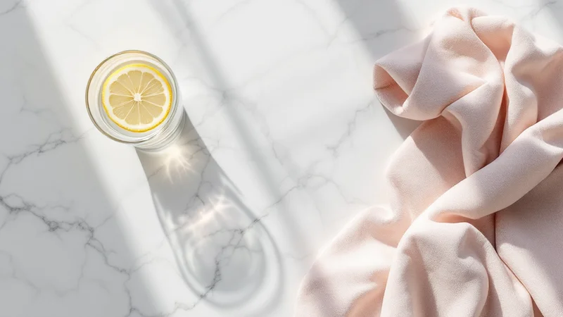 白い陶器の小時計・レモンスライス入りのグラス・ブラッシュピンクのリネンクロスを白大理石に並べたフラットレイ