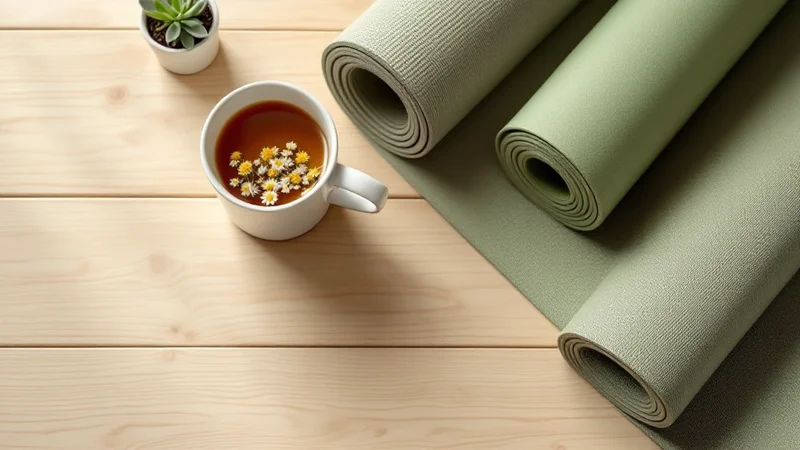 カモミールティーのカップ・セージグリーンのヨガマット・小さな多肉植物を木製テーブルに並べたセルフケアフラットレイ