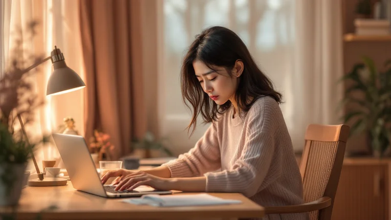 夜のデスクでノートパソコンに向かい、長時間座ったまま作業を続ける日本人女性