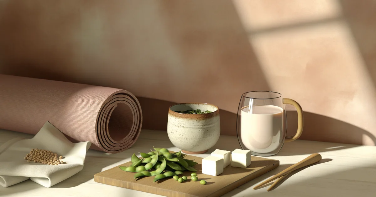 大豆食品とヨガマットが並ぶ明るいキッチンカウンター。更年期セルフケアのライフスタイル写真