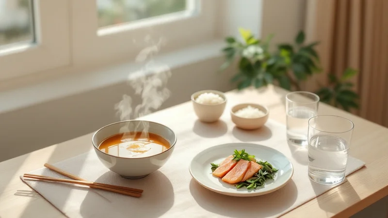 朝の光が差すテーブルに並んだ、湯気の立つ味噌汁・ごはん・焼き魚と野菜・水の入ったグラスの朝食