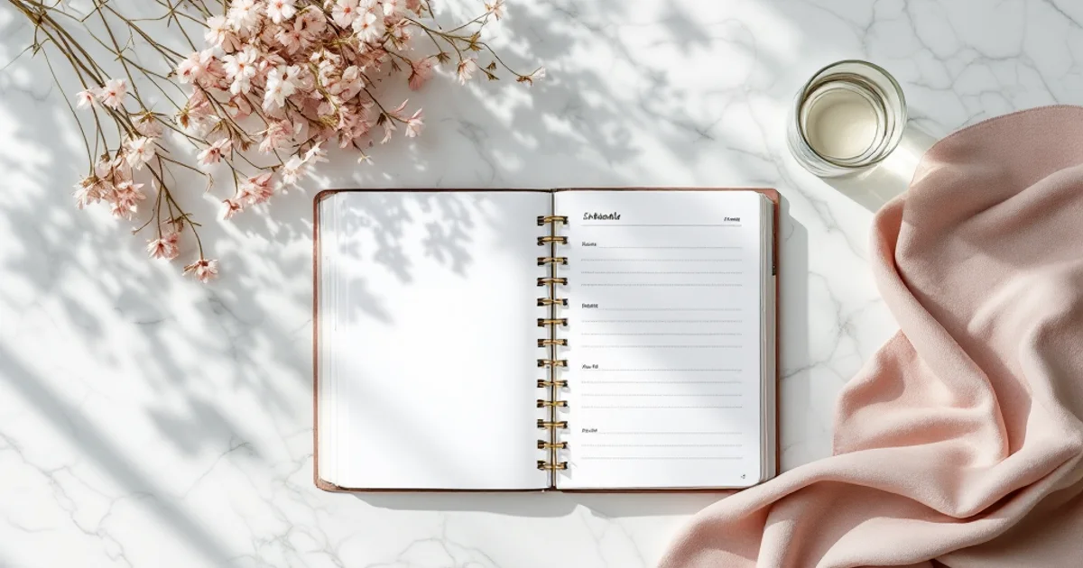 白いテーブルの上に並んだ健康管理グッズとノート、ピルの効果を調べる女性の日常を連想させる明るい構図