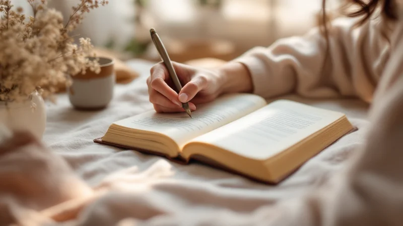 ノートに書かれた健康記録と花が並ぶ、女性の体のケアを連想させる明るい雰囲気の写真