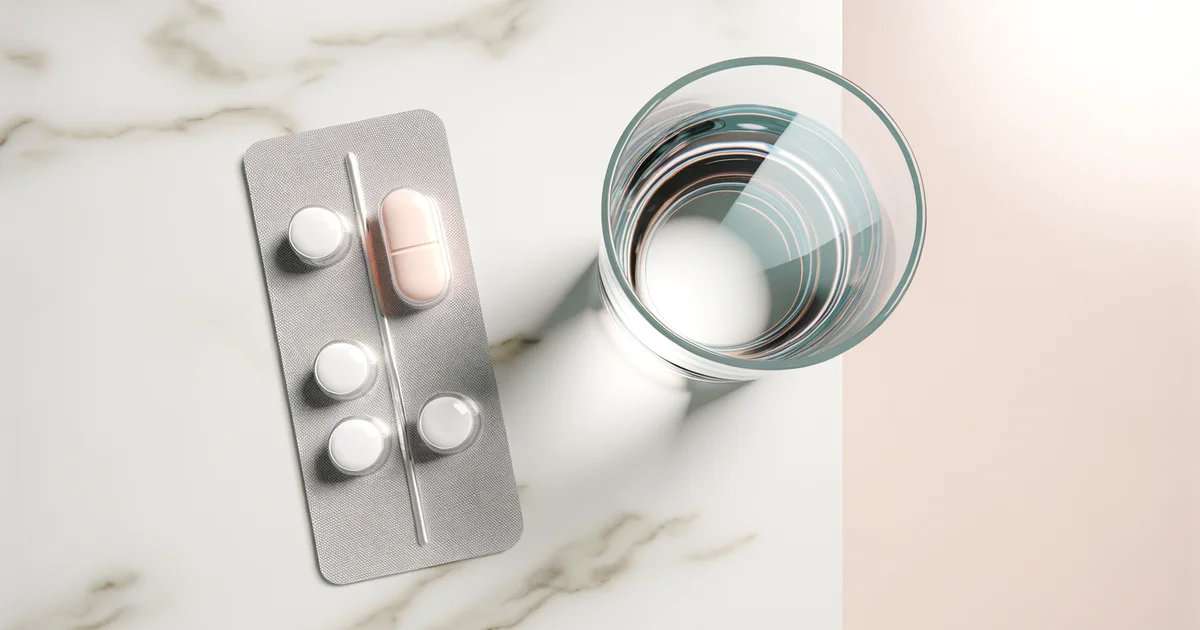 白いマーブル大理石の上に並ぶピルのブリスターパックと水のグラス。清潔感のある朝の光、淡いピンクとホワイトのトーン