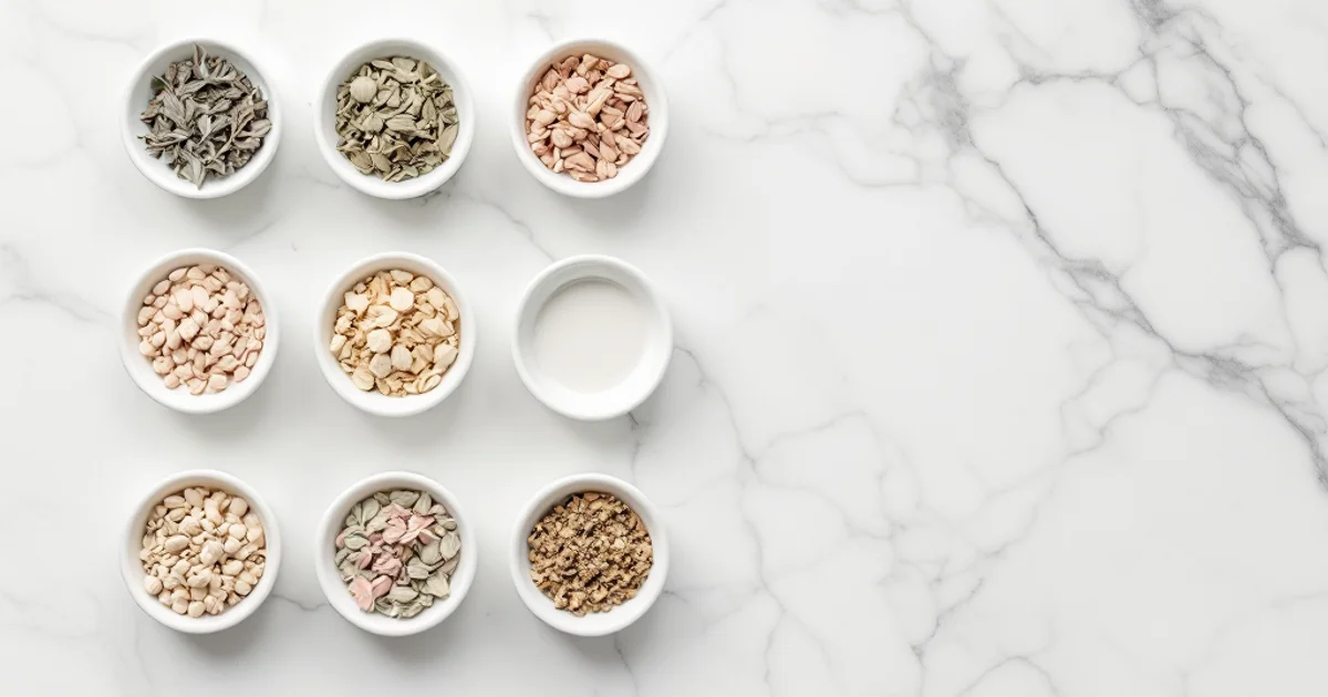 白い背景に並べられた白磁の小皿・ハーブの小瓶・リネンクロス。低用量ピルの種類を整理・比較するイメージ