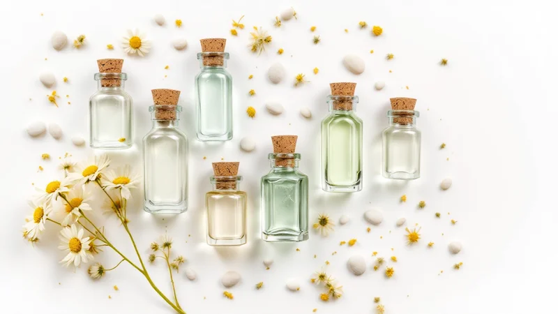 白い背景の上にコルク栓の透明ガラス瓶6本とカモミールの花・白い小石が散らばった清潔感あるフラットレイ。低用量ピルの種類・成分の多様性を表すイメージ