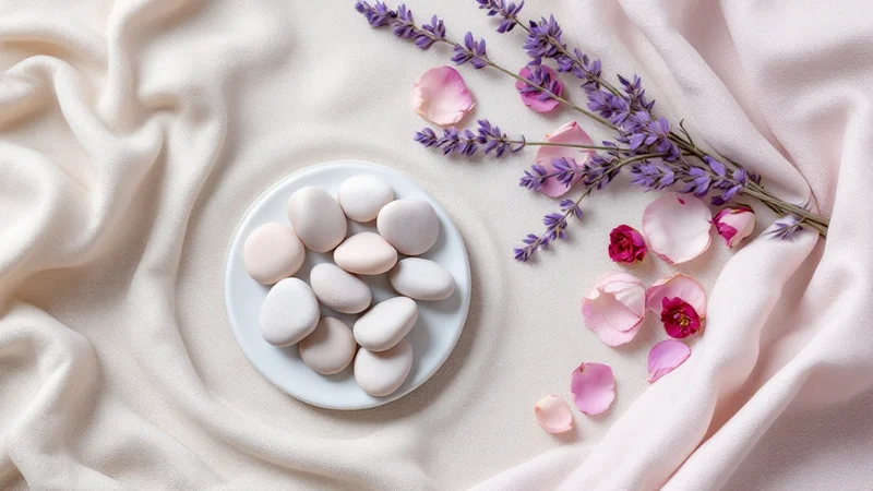 淡いリネン地の上に白い小皿に並べた丸い白い石・ラベンダーの穂・ピンクのバラの花びら。婦人科ケアとナチュラルウェルネスのイメージ