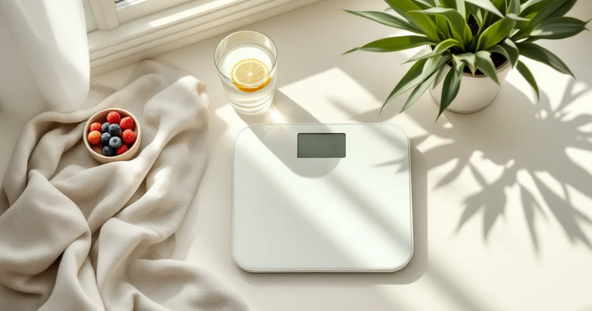 明るい窓辺で体重計とグラスの水、ヘルシーな朝食が並ぶフラットレイ。低用量ピルと体重管理のイメージ