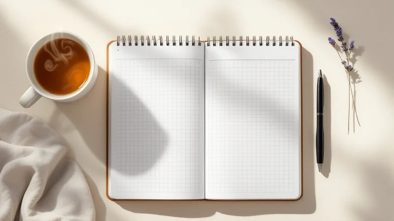 開いた方眼ノートとボールペン、湯気の立つハーブティー、ドライラベンダーが並ぶフラットレイ。ピル服用中の体調・体重をセルフモニタリングするイメージ