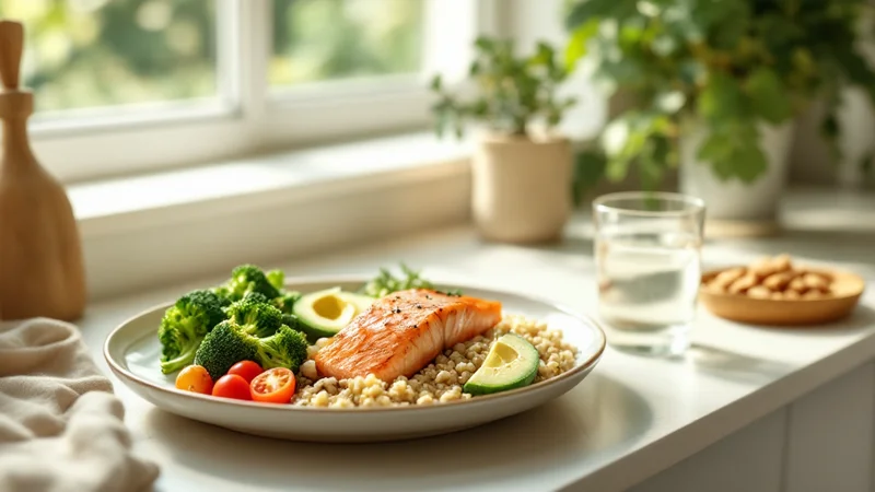 明るいキッチンに並ぶ野菜・たんぱく質・豆類のヘルシープレートと水のグラス。ピル服用中の食事管理イメージ