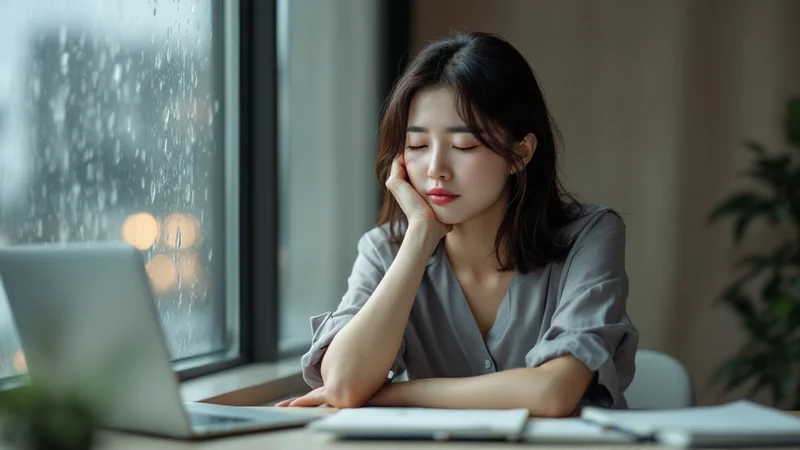 雨の降る窓際のデスクで、20代後半の日本人女性が頬杖をついて目を閉じ、強い眠気とだるさに耐えている様子