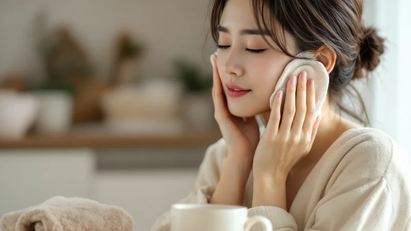 30代の日本人女性が自宅で、温めたタオルを耳の後ろから首筋に当てて目を閉じ、リラックスしている様子