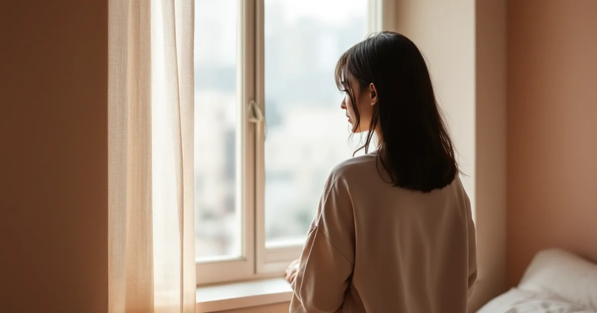 やわらかな自然光が差し込む静かな寝室で窓辺に佇む20代後半〜30代の日本人女性の後ろ姿。デリケートな悩みに向き合うシーン