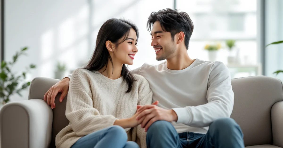 明るい泌尿器科クリニックの待合室で寄り添って座る20代後半から30代前半の日本人夫婦。妊活・不妊相談のシーン