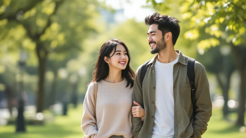 公園を並んで歩きながら笑顔で話す20代後半から30代前半の日本人夫婦。禁煙・適度な運動など生活習慣の見直しをイメージしたシーン