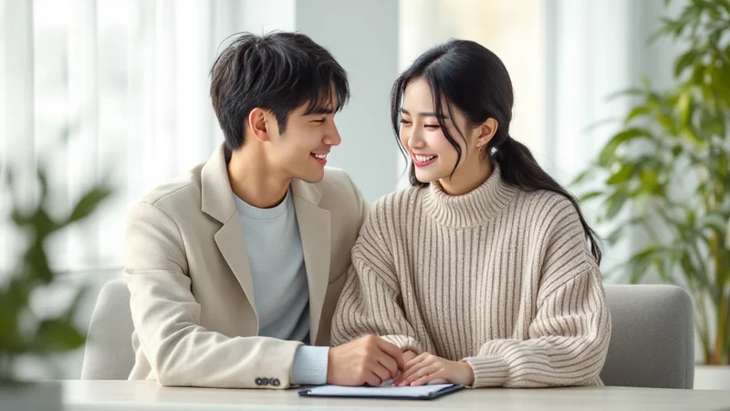 診察室で医師の説明を並んで聞く20代後半から30代前半の日本人夫婦。男性不妊の検査についてのカウンセリングシーン