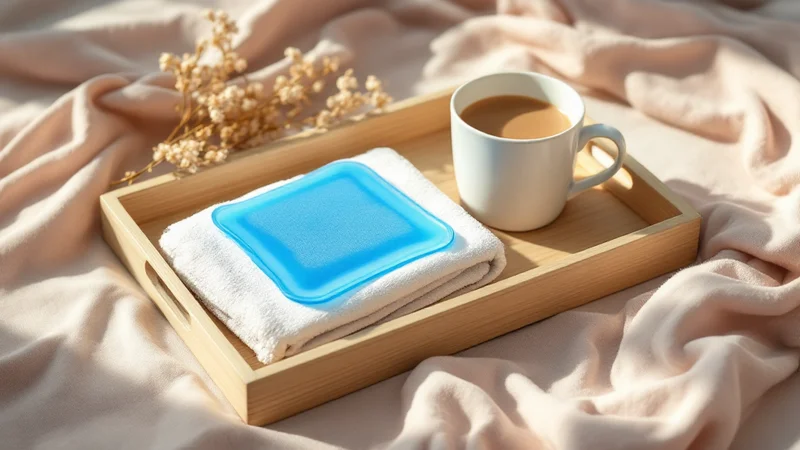 木製トレイの上で、たたんだ白いタオルに重ねた青い保冷剤と、温かい飲み物の入った白いマグカップが並んだ乳腺炎のセルフケア用品