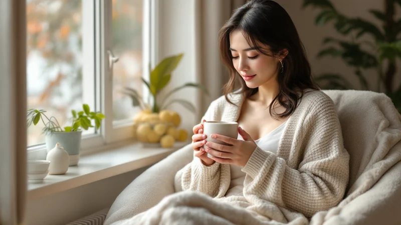 窓辺の椅子に座り、ブランケットを膝にかけて温かい飲み物を両手で持ちながらひと息ついている30代前半の日本人女性