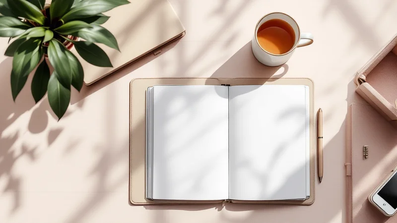 淡いピンクの机に置かれた開いた手帳とペン、書類ファイル、お茶のカップ