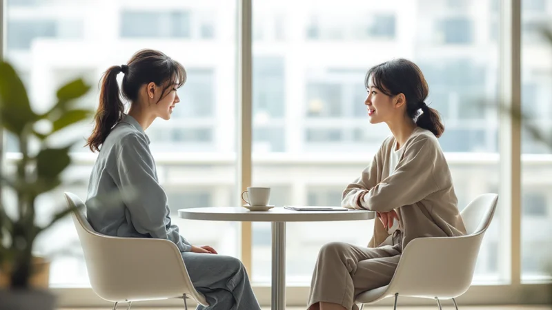 明るいオフィスの小さなテーブルで同僚と向かい合って話している30代前半の女性