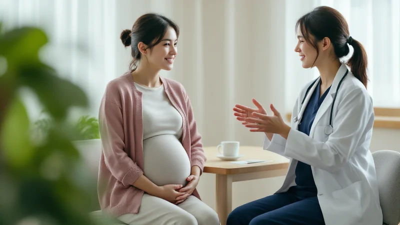 産婦人科の明るい診察室で、くすみピンクのカーディガンを着た妊婦が、白衣に紺色のスクラブを合わせた女性医師から手ぶりを交えた説明を受けている場面