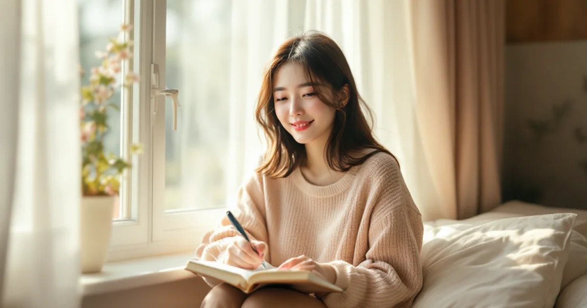 朝の光が差し込む窓辺に座り、手帳を開いて何かを書いている10代後半の日本人女性。やわらかな表情でページを眺めている