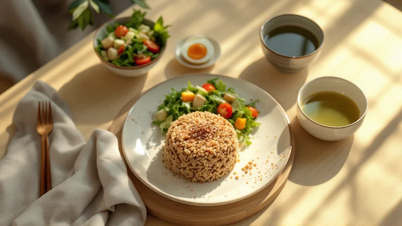 バランスのとれた和朝食のテーブル：玄米おにぎり、温泉卵、グリーンサラダ、緑茶が並ぶ朝のシーン