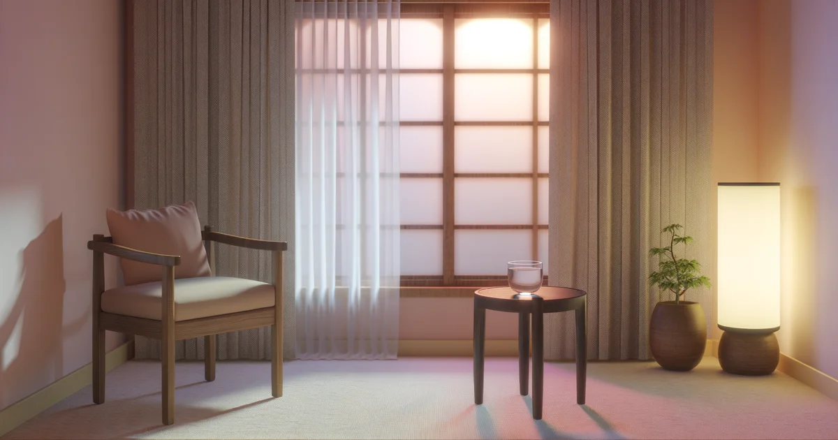柔らかな朝の光が差し込む窓辺の木製チェアと水のグラス。安静と回復を連想させる落ち着いたインテリア