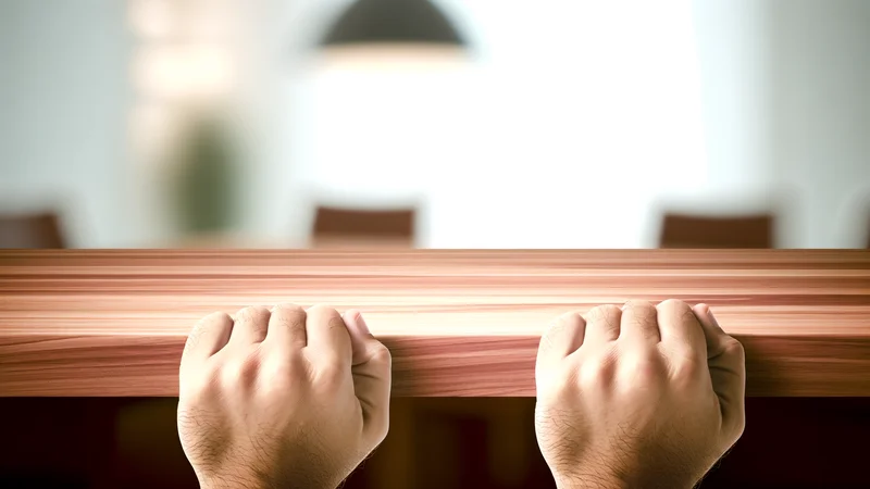 木製ダイニングテーブルの縁を両手でしっかりと掴む様子。バランスを保つために体を支えているイメージ