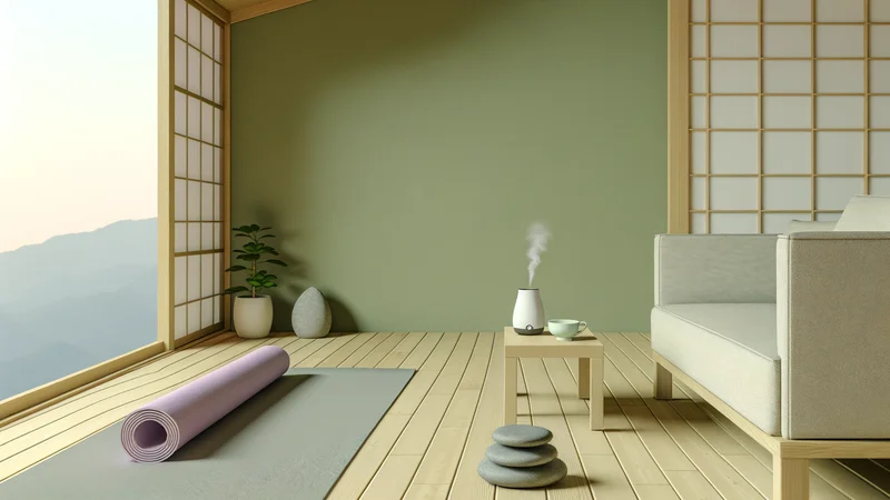 ヨガマット・アロマディフューザー・ハーブティーが並ぶ穏やかな和室。更年期セルフケアのイメージ