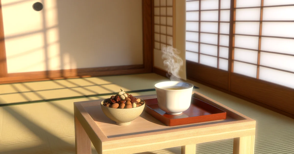 畳の和室に差し込む午後の光。小さなローテーブルの上に湯気の立つお茶と木の椀に盛られたナッツ類。ゆったりと体を休めるイメージの静かな和の空間
