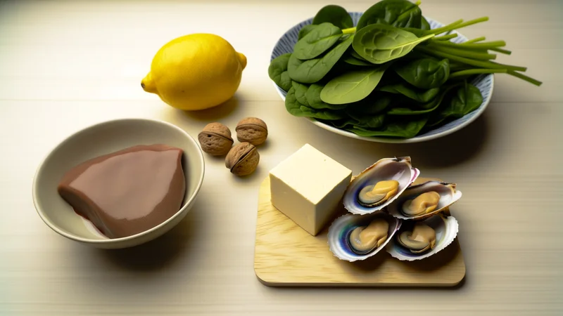 鉄分補給に役立つ食材のフラットレイ。レバー・あさり・ほうれん草・豆腐・くるみ・レモンが木製テーブルに並んだ栄養補給イメージ