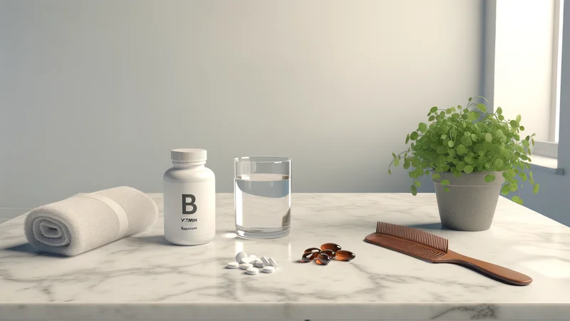 白い大理石のカウンターに並んだ朝のウェルネスルーティングッズ。ビタミンBサプリボトル・水のグラス・鉄サプリ・観葉植物・木製コーム