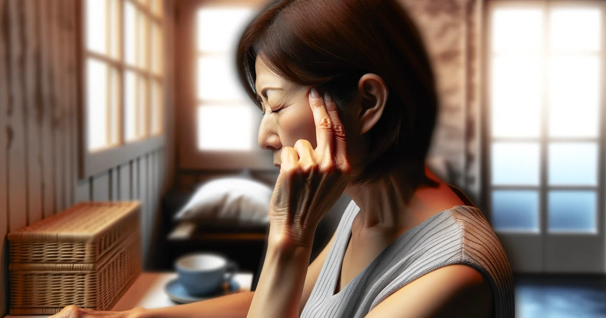 こめかみに手を当てながら目を閉じる日本人女性。更年期の頭痛で辛そうにしているイメージ
