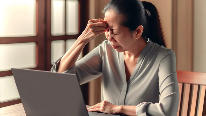ノートパソコンの前で眉間を押さえて目を閉じる40代日本人女性。更年期の頭痛に悩む様子