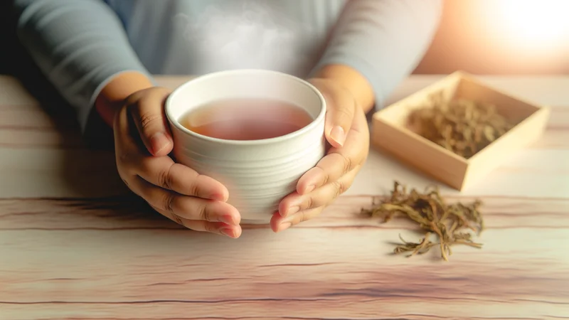 温かいハーブティーのカップを両手で包み込む日本人女性の手元。リラックスしているイメージ