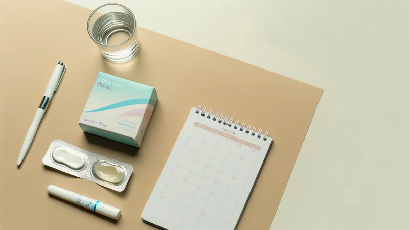 ベージュの背景にホルモン療法関連アイテムのフラットレイ。薬箱・貼り薬・ゲルチューブ・水・カレンダーメモ帳・ペン